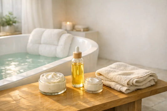Woman enjoying a relaxing bath with bath pillow and natural body lotion in a cozy bathroom setting during a body care routine