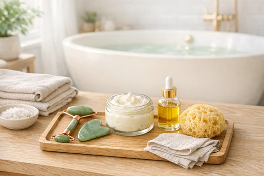 A calming bathroom scene depicting an easy self care routine setup with natural skincare and bath products