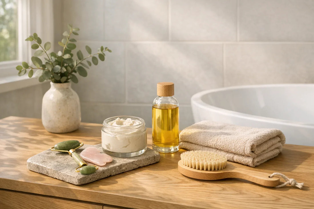 Woman enjoying a simple self care routine at home with natural beauty products and a relaxing bath setting