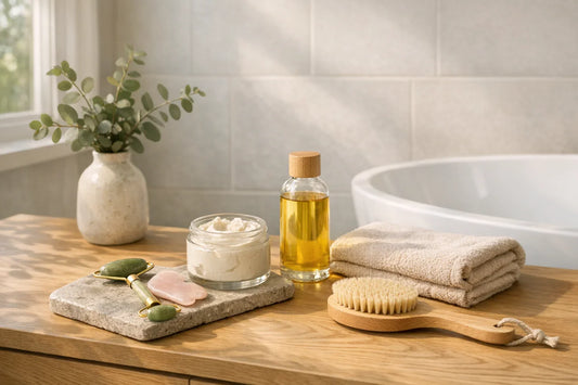 Woman enjoying a simple self care routine at home with natural beauty products and a relaxing bath setting