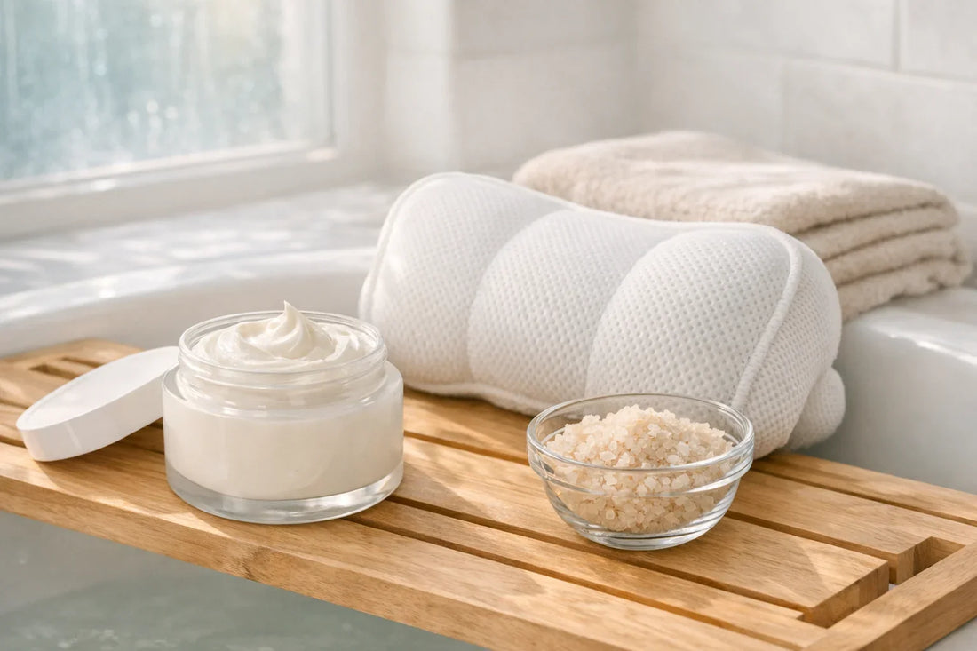 Relaxing at-home body care routine with natural body lotion and bath accessories for soft skin