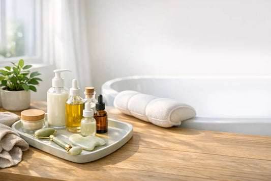 Woman enjoying a glowing complexion with natural beauty routine essentials laid out on a vanity