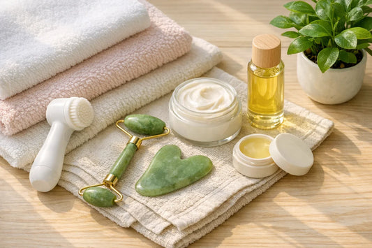 A neatly arranged daily beauty routine scene featuring beauty routine essentials and natural skincare products on a vanity