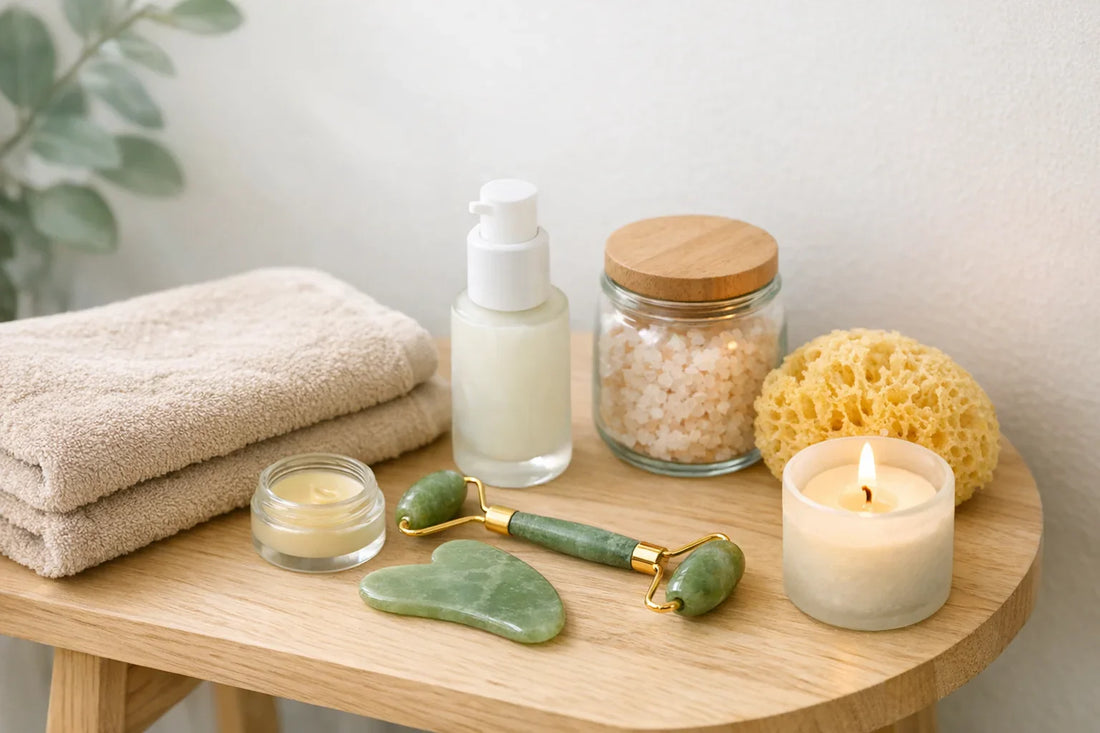 Woman enjoying a relaxing self care routine at home with skincare tools and spa products on a soft background