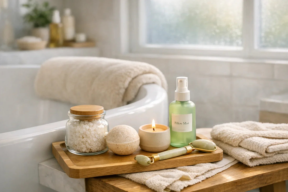 Relaxing at home spa day setup with bath pillow and natural self care products on a wooden tray