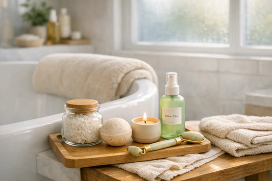 Relaxing at home spa day setup with bath pillow and natural self care products on a wooden tray