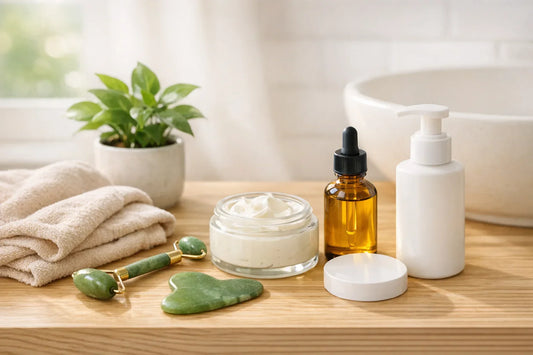 Woman enjoying a simple self care routine with natural beauty products arranged on a bathroom counter
