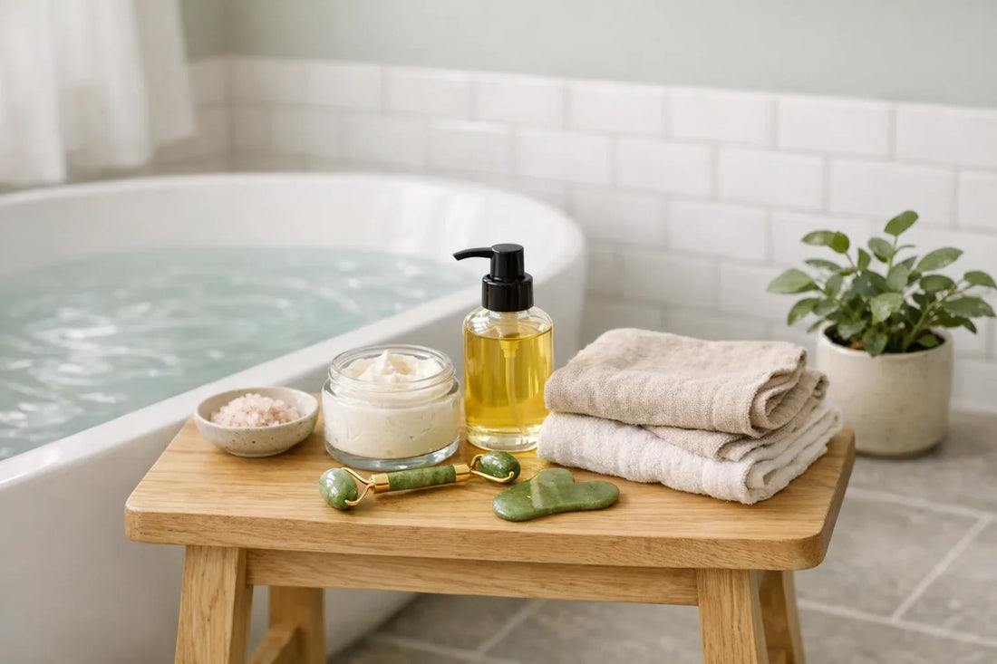 A relaxing home bathroom scene set up with simple self care routine products like facial tools, body lotion, and candles