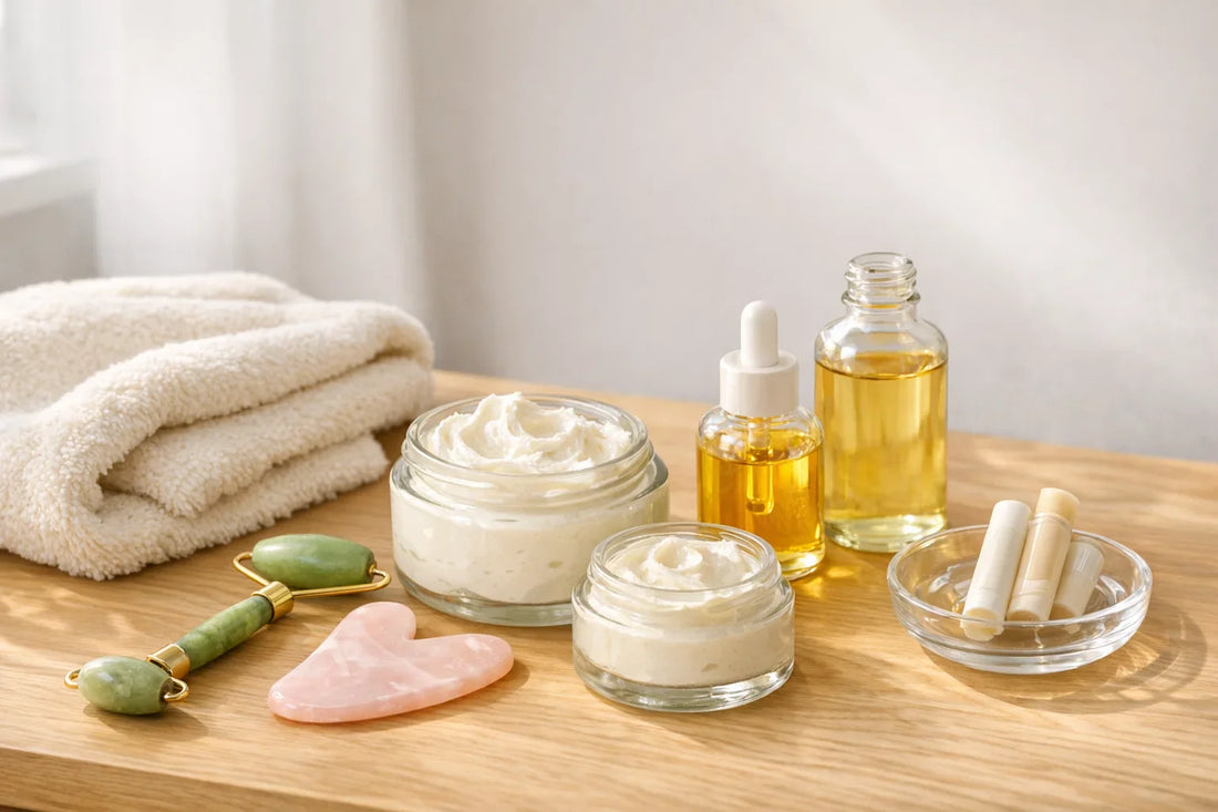 Woman enjoying a simple self care routine at home with skincare tools and moisturizing products on a clean bathroom counter