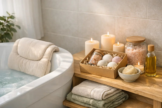 Relaxing at home spa day setup with bath accessories and natural beauty products on a bathroom shelf