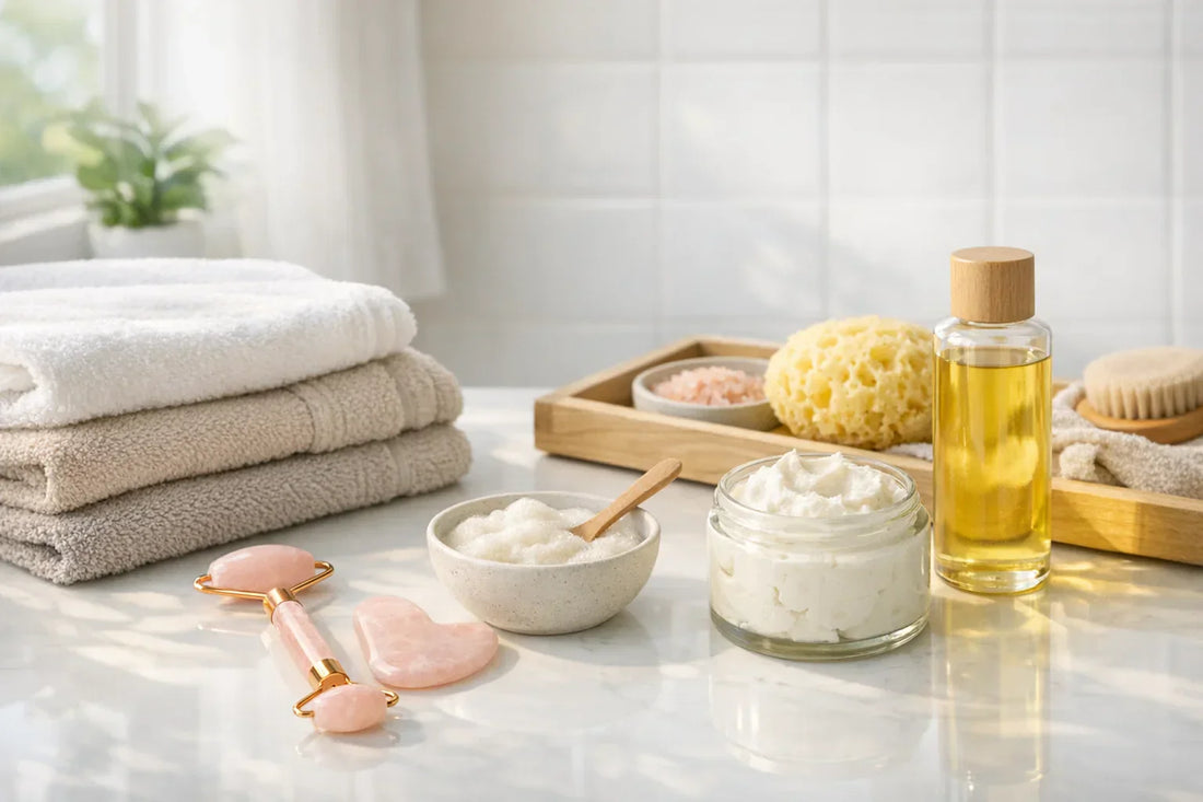 Woman enjoying a simple self care routine with skincare tools and bath accessories in a bright bathroom