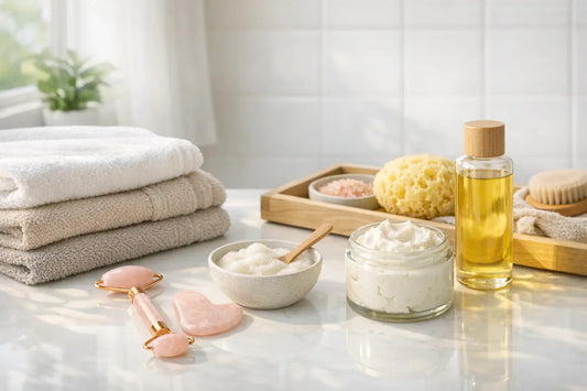 Woman enjoying a simple self care routine with skincare tools and bath accessories in a bright bathroom