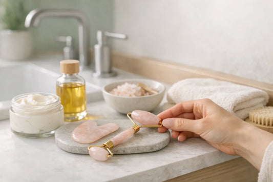 Woman enjoying a simple self care routine with natural skincare tools and body lotion in a bright bathroom