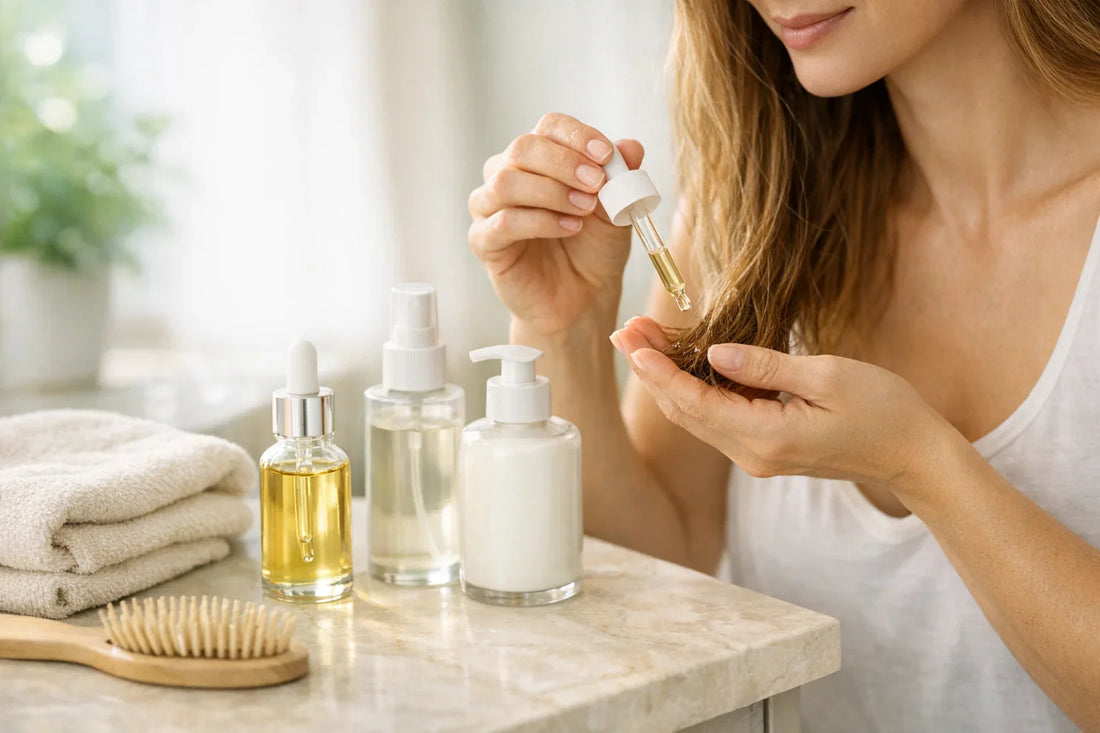 Woman practicing a dry hair care routine with natural hair oils and styling products in a bright bathroom