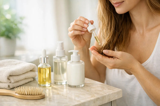 Woman practicing a dry hair care routine with natural hair oils and styling products in a bright bathroom