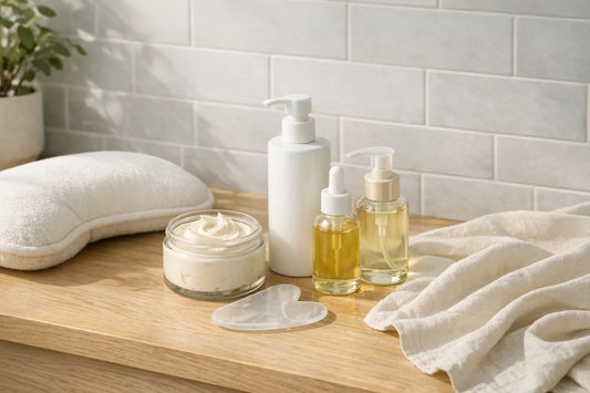 Woman enjoying a simple self care routine at home with natural beauty products arranged on a bathroom counter