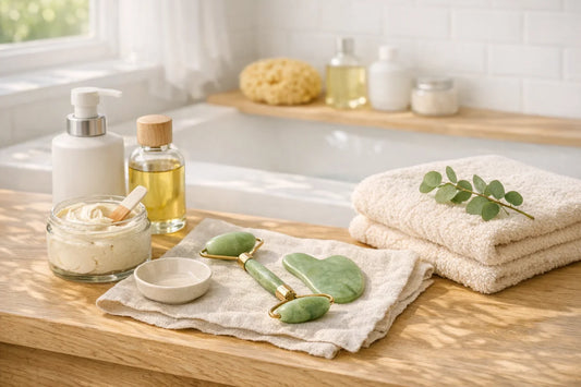 Peaceful bathroom scene with natural skincare tools and body care products arranged for a simple self care routine
