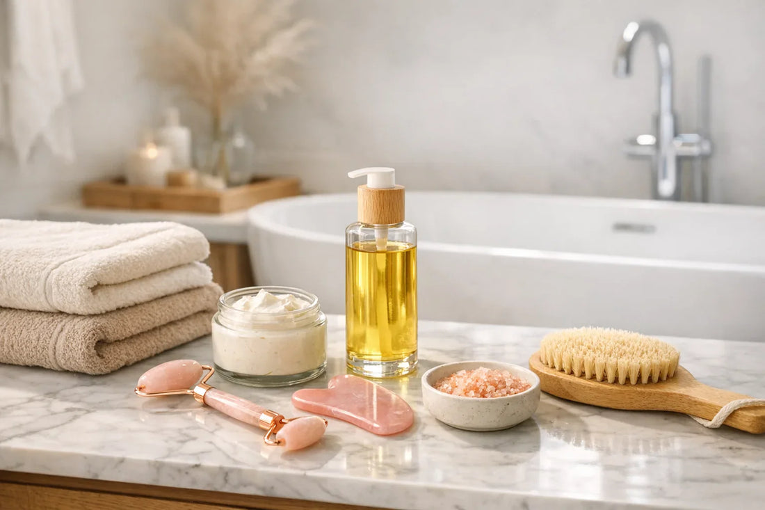 Woman enjoying a simple self care routine at home with natural beauty products arranged on a bathroom counter