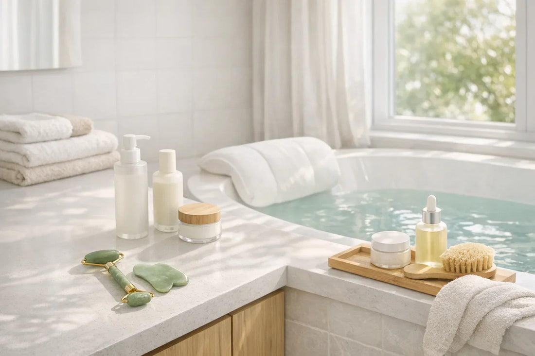 Woman enjoying a simple self care routine with natural beauty products in a bright bathroom setting