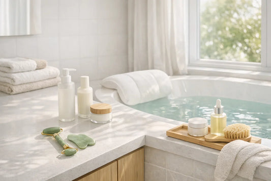 Woman enjoying a simple self care routine with natural beauty products in a bright bathroom setting