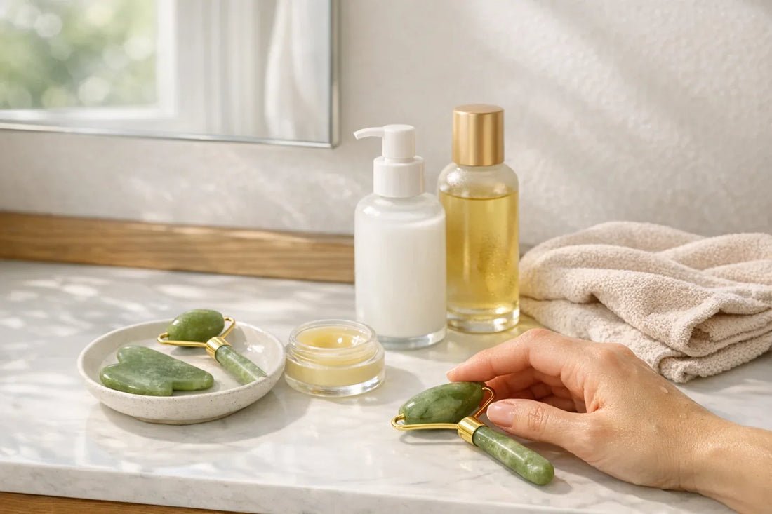 Woman performing a daily beauty routine with natural skincare products and facial massage tools on a clean bathroom counter