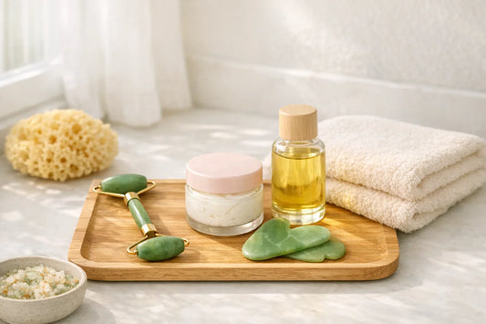 Relaxing at-home self care routine setup with natural beauty products on a cozy vanity