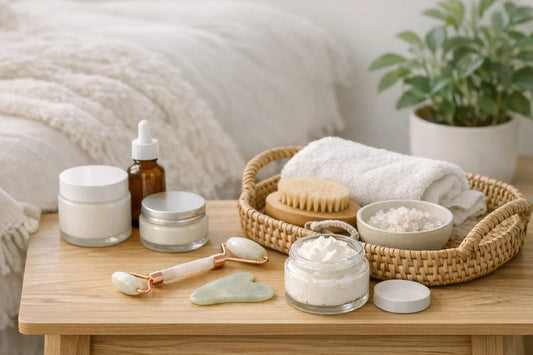 Woman enjoying a simple self care routine at home with natural beauty products arranged around her