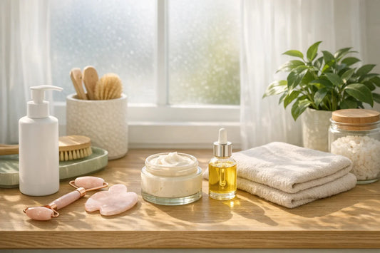 Woman enjoying an easy self care routine with natural beauty products in a bright bathroom
