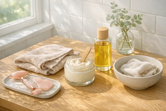 Woman relaxing with a simple self care routine using natural body lotion and facial skincare tools in a bright bathroom