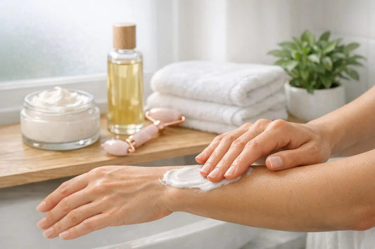 Person applying natural body lotion in bright bathroom as part of a daily body care routine