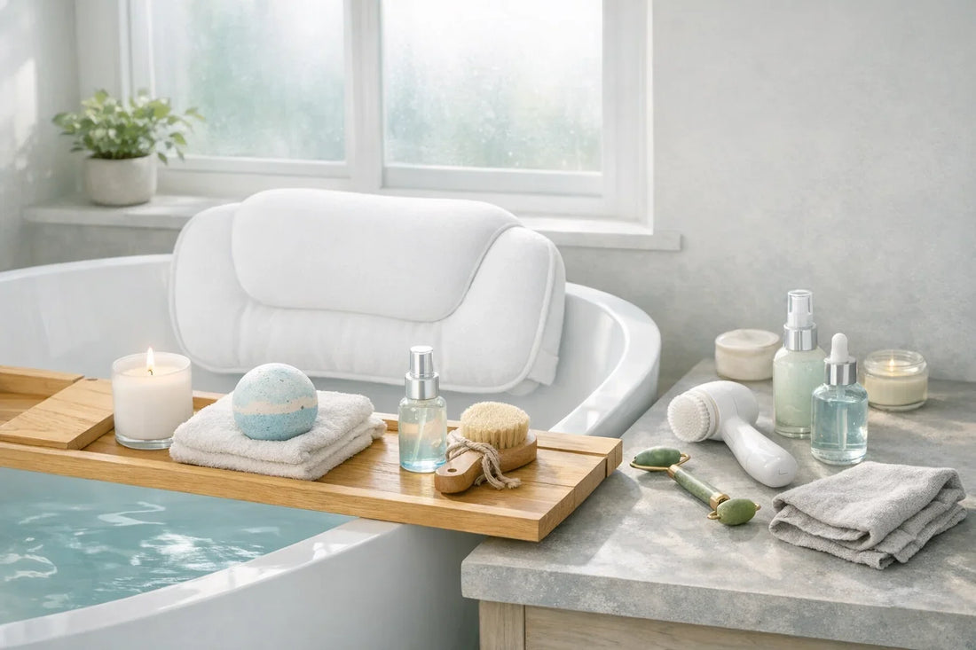 Woman enjoying a relaxing at home spa day with bath pillow and natural beauty products in calming bathroom setting