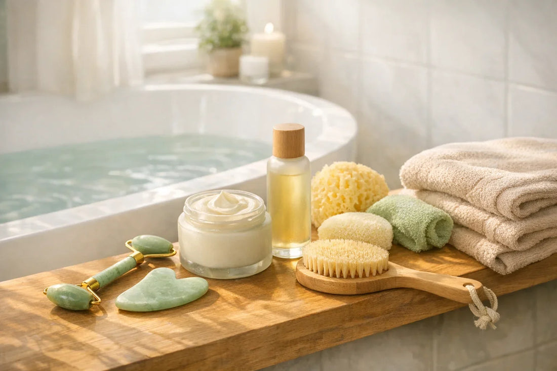 Woman enjoying a simple self care routine at home with bath accessories and skincare tools nearby