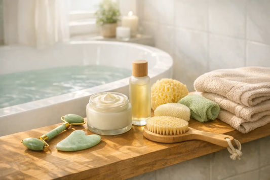 Woman enjoying a simple self care routine at home with bath accessories and skincare tools nearby