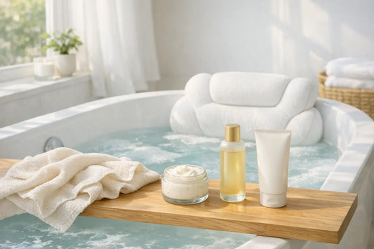 Woman enjoying a relaxing daily body care routine with natural lotions and bath accessories