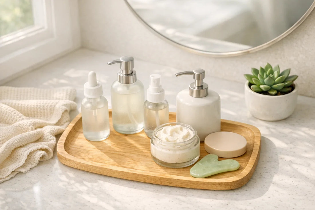Woman relaxing with natural skincare and body care products arranged for a simple self care routine
