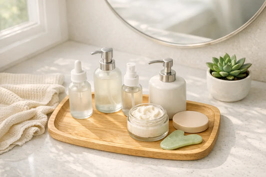 Woman relaxing with natural skincare and body care products arranged for a simple self care routine