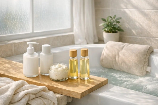 Relaxing bathroom scene showing an inviting natural body care routine setup with lotions, oils, and bath accessories