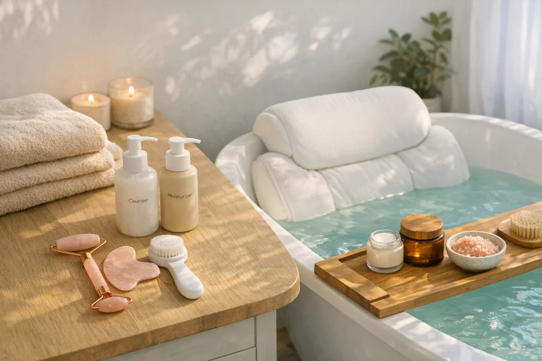 Woman enjoying a relaxing simple self care routine with bath accessories and skincare tools in a serene bathroom
