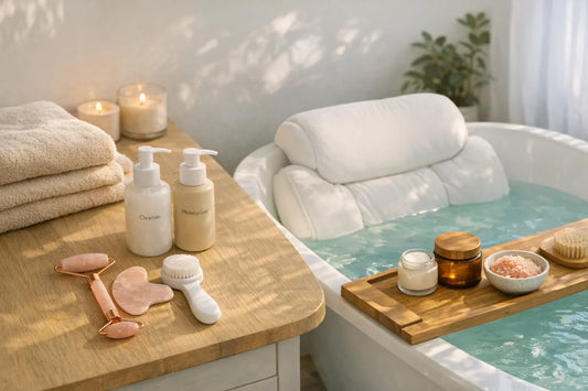 Woman enjoying a relaxing simple self care routine with bath accessories and skincare tools in a serene bathroom