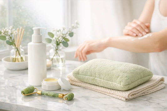 Person enjoying a simple self care routine with natural beauty products and relaxing bath setting