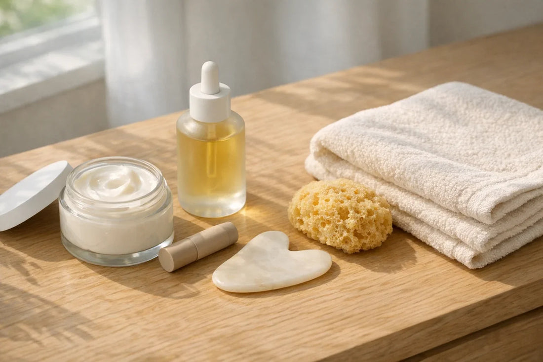 Relaxing self care routine setup with natural beauty products on a clean bathroom counter and soft towels