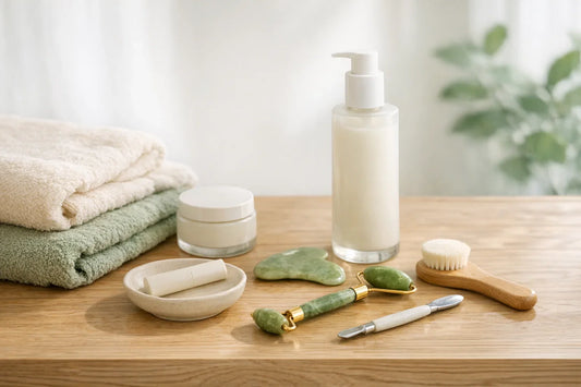 Natural home bathroom setting showing beauty routine essentials including skincare tools and body care products on a wooden shelf