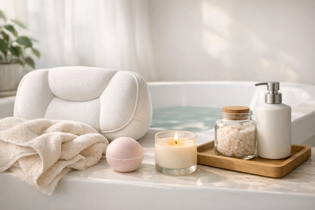 Relaxing bath routine scene with a bathtub pillow, bath salts, candles, and cozy towels arranged for self care