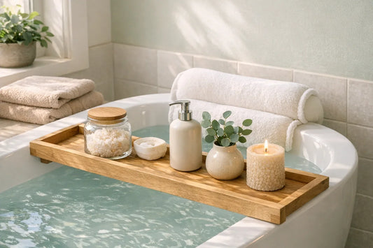 A calming, natural relaxing bath routine setup with soothing bath accessories and body care products arranged near a filled bathtub