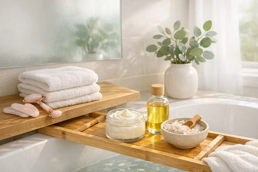 Woman enjoying a simple self care routine with natural bath and body products in a bright, cozy bathroom