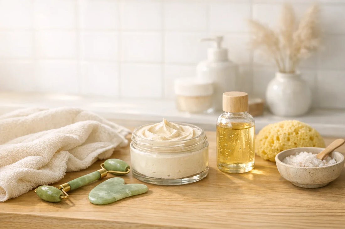 Woman enjoying a relaxing self care routine with natural beauty products for glowing skin