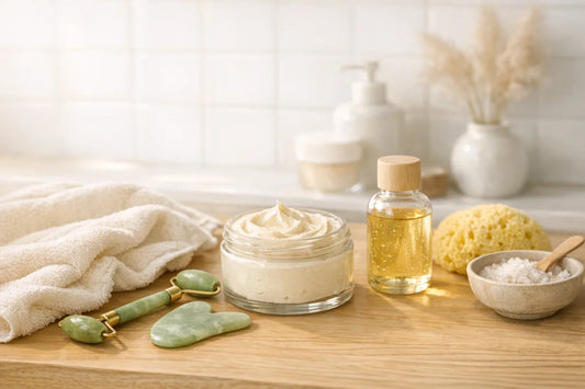 Woman enjoying a relaxing self care routine with natural beauty products for glowing skin