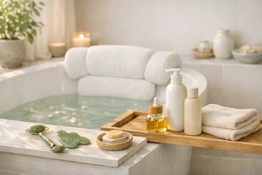 Woman enjoying relaxing bath with pillows and natural skincare products for a simple self care routine