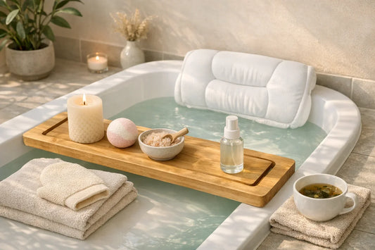 Relaxing bathroom scene showing peaceful at home spa day setup with bath pillow and luxury bath accessories
