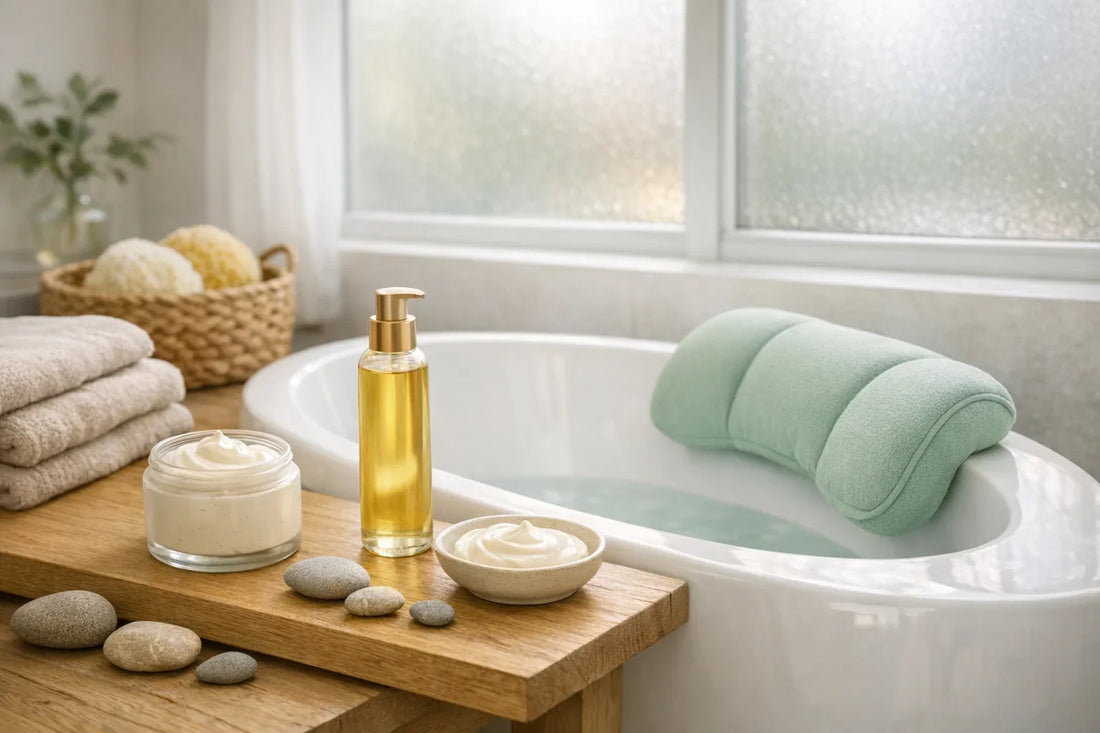 Relaxing daily body care routine setup with natural moisturizers and bath accessories in a serene bathroom setting
